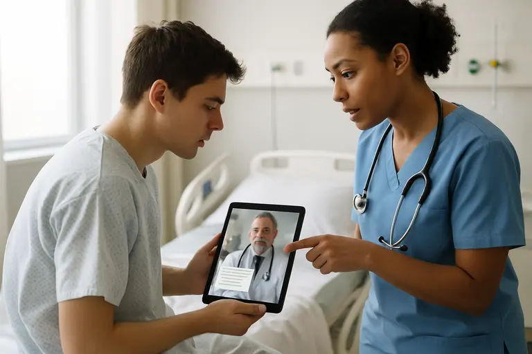 Older adult using a tablet with support from a caregiver at home