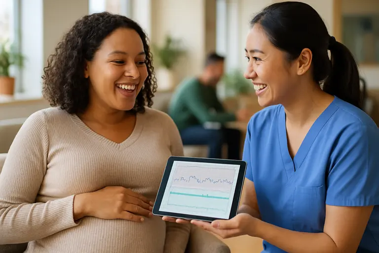 Patient and clinician discussing monitoring options in a prenatal consultation room