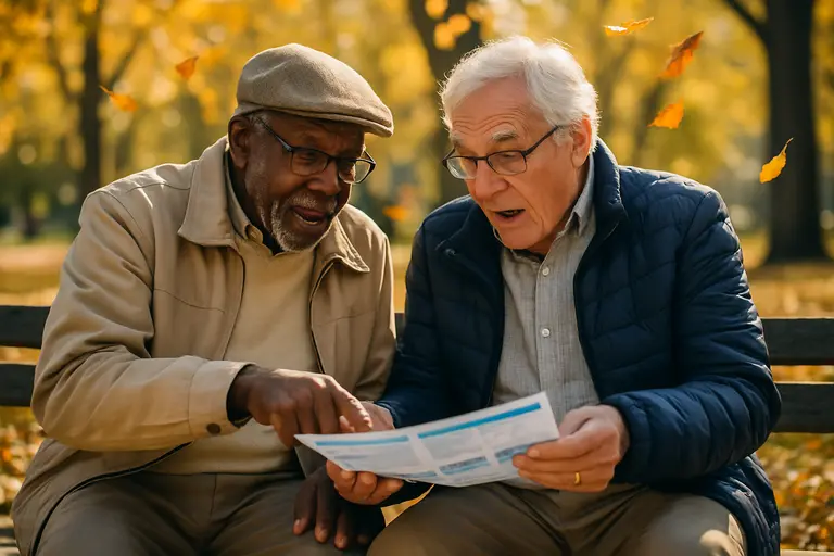 Person comparing health plan papers with prescription bottles nearby