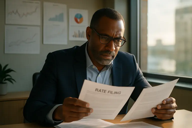 Policy analyst reviewing rate documents and charts on a laptop