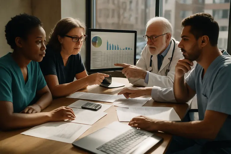 Administrative team comparing payer data fields on multiple computer screens