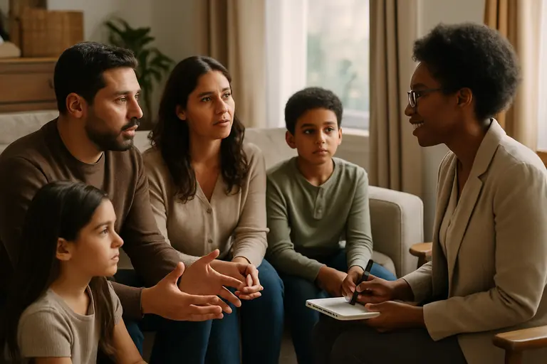 Caregiver and clinician discussing youth support options in an office