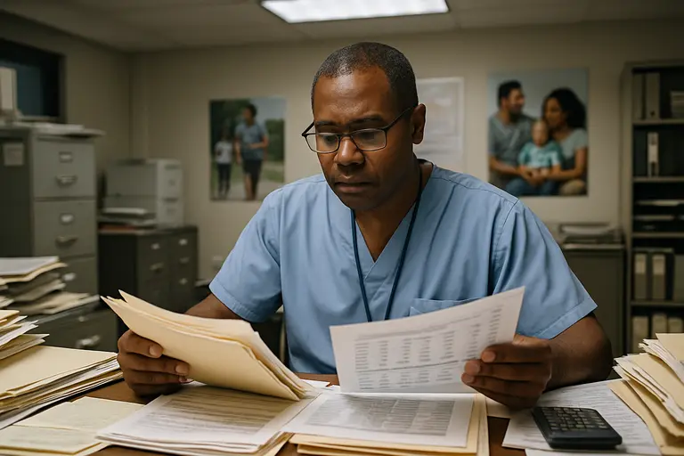 Free clinic staff discussing patient paperwork at a desk
