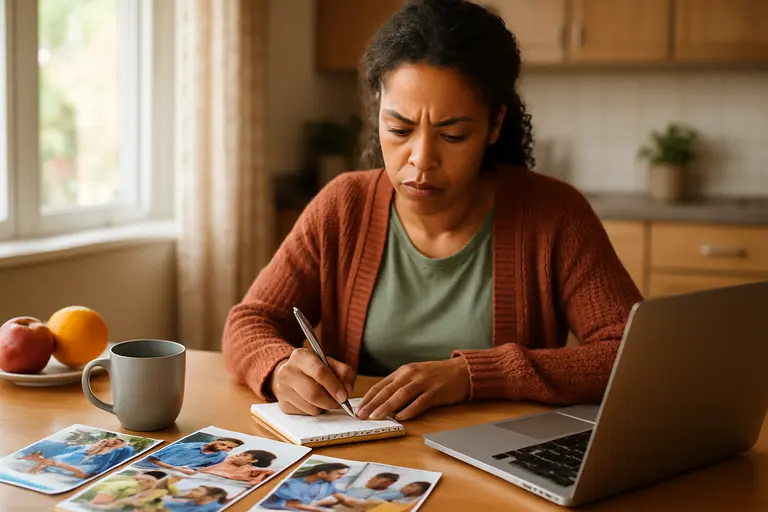 Person comparing health plan documents at a kitchen table