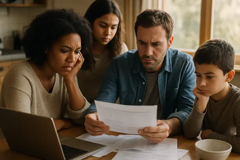 Family budget worksheet beside health plan comparison papers