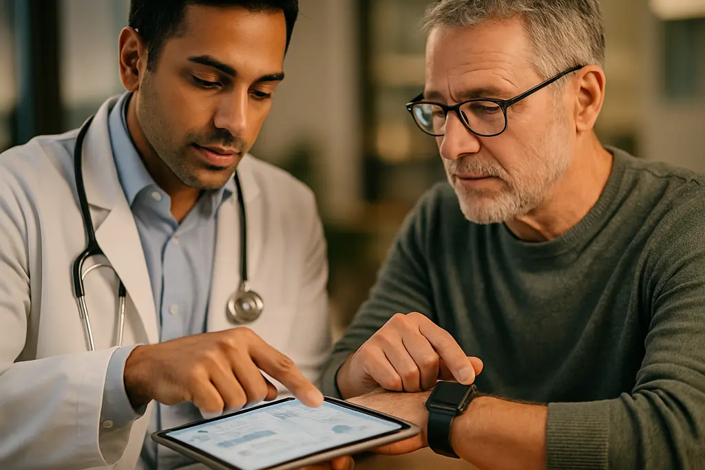 Wearable Devices beside a phone and clinic billing form on a desk