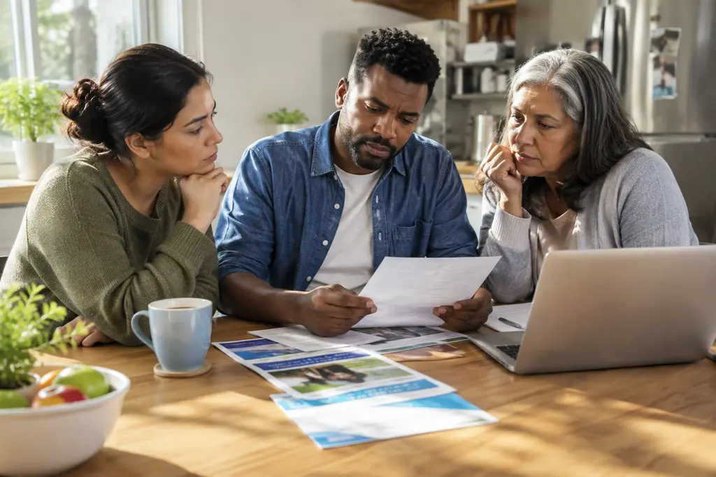 ACA Coverage Losses shown through a family reviewing health insurance bills at a kitchen table