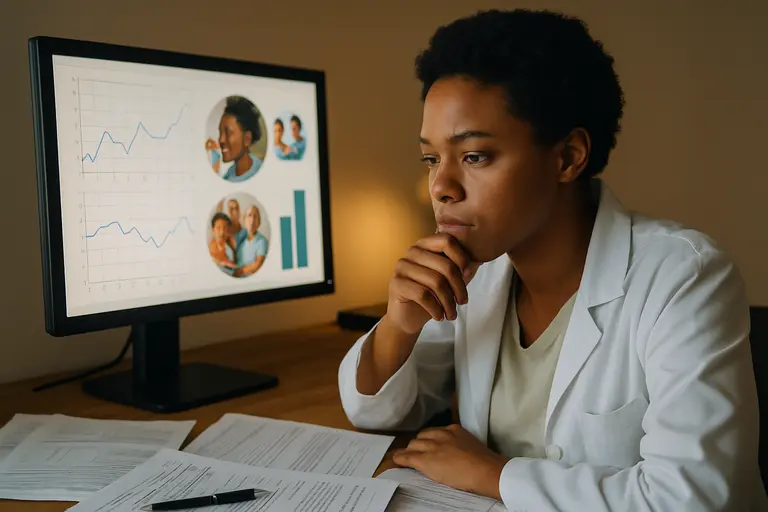 Analyst comparing healthcare program results on a laptop dashboard