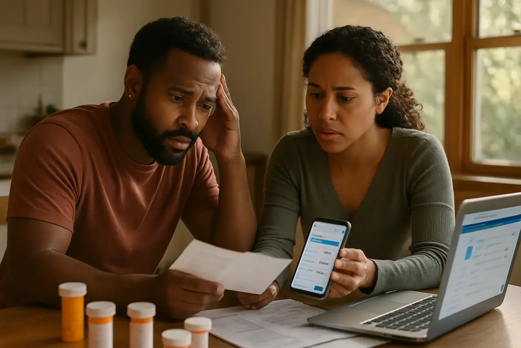 Canada Drug Imports paperwork beside prescription bottles and a household budget worksheet