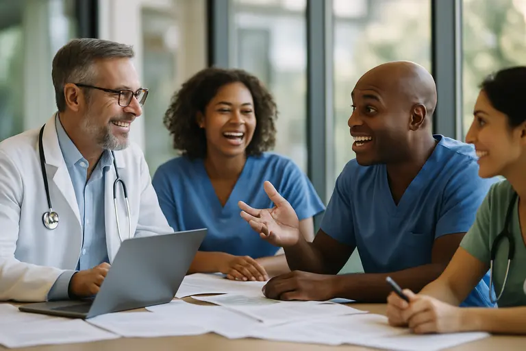 Care team discussing staffing plans around a conference table