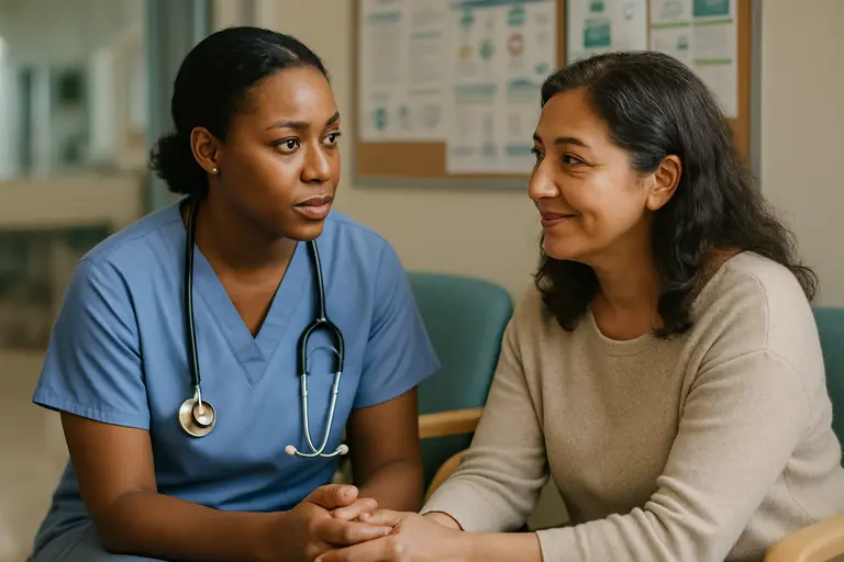 Clinician explaining digital documentation to a patient in an exam room