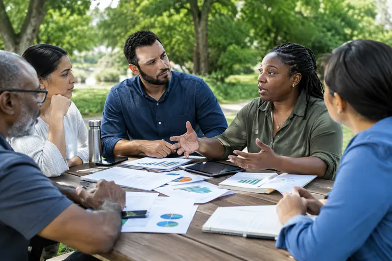 Community health planners reviewing service maps around a conference table
