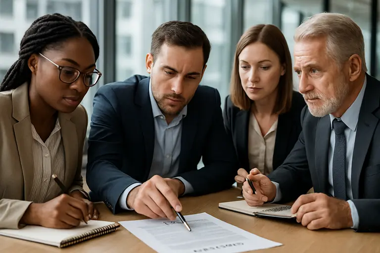 Contract checklist beside charts and a laptop on a conference table