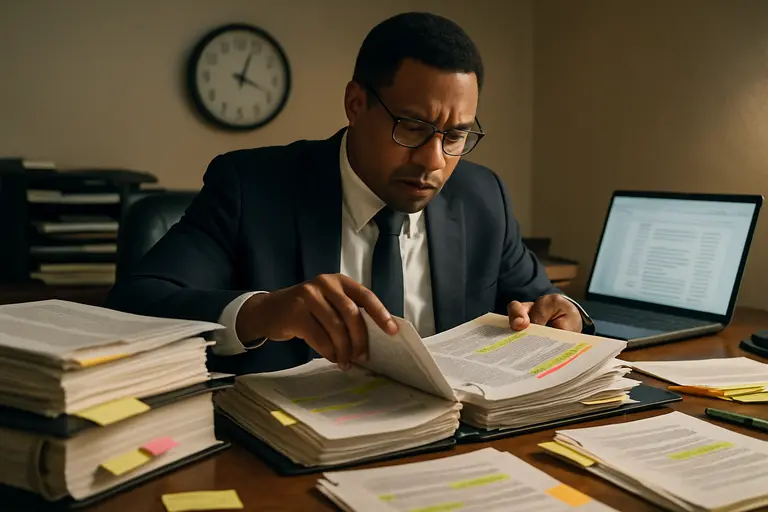 Court calendar and legal folder on a conference table