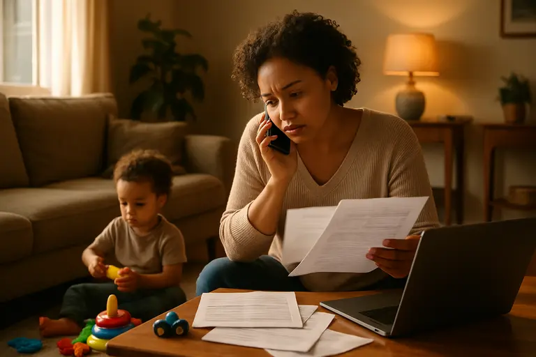 Family budget worksheet next to health insurance renewal paperwork