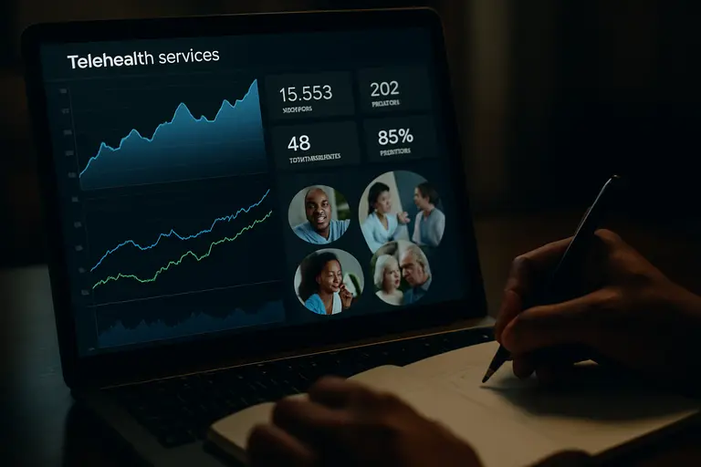 Health analyst reviewing rural care access measures on a laptop