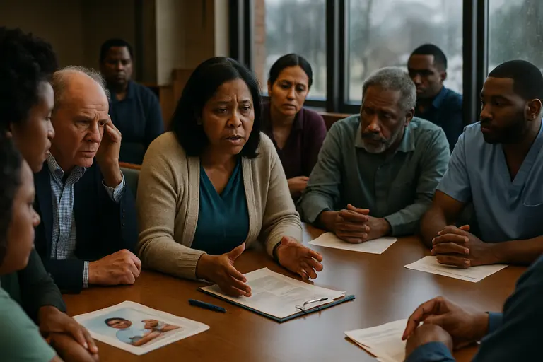 Healthcare leaders reviewing a project plan in a rural office