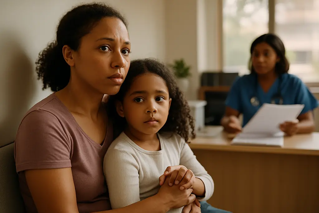 Medicaid Coverage Cuts paperwork on a clinic desk with a family reviewing forms