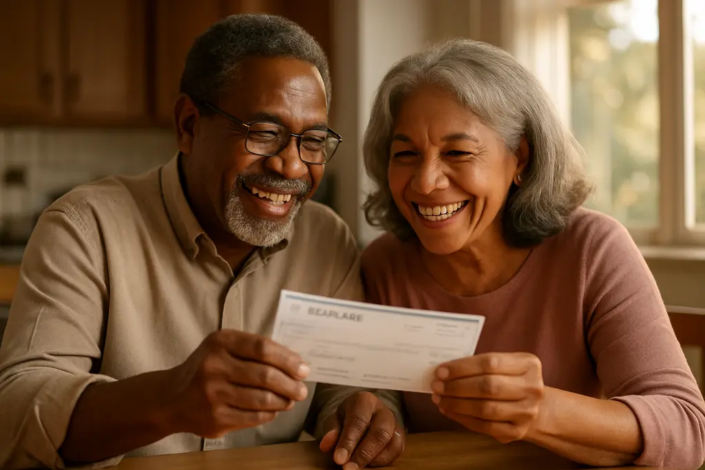 Medicare rebate checks paperwork beside a calculator and health insurance card