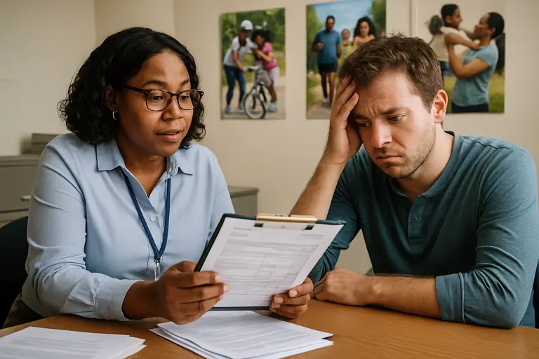 Patient and billing specialist discussing a medical statement in an office