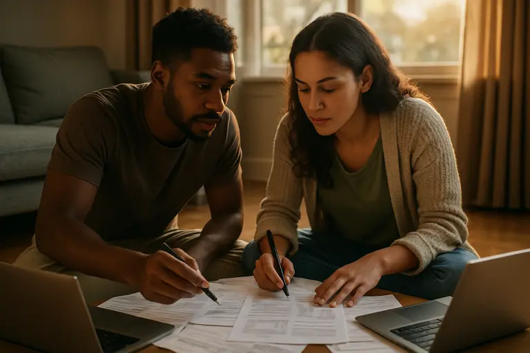Person comparing health plan documents with a laptop and calculator