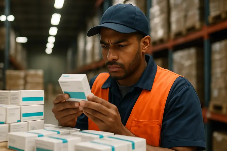 Pharmaceutical supply boxes moving through a warehouse checkpoint